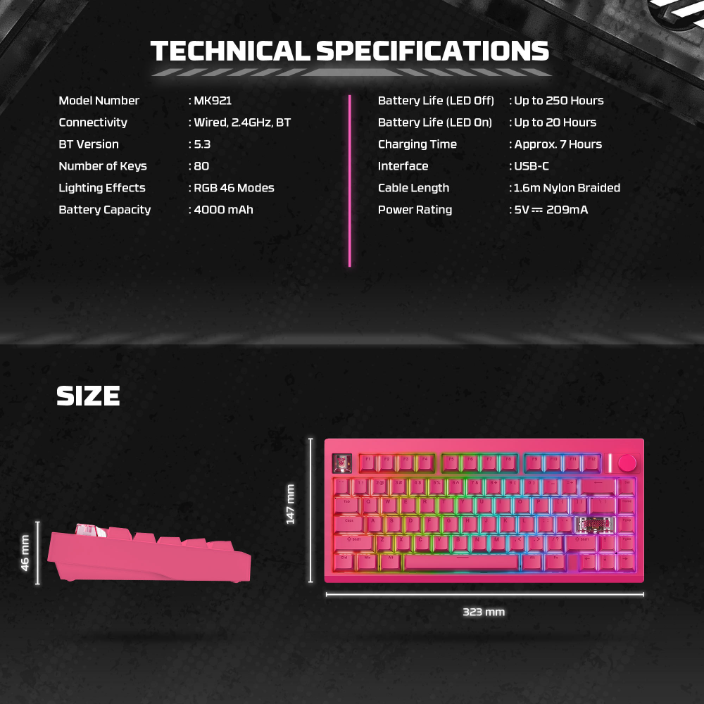 Tastatura Mehanicka Gaming Fantech MK921 Maxfit 8 Wireless pink (brown switch)