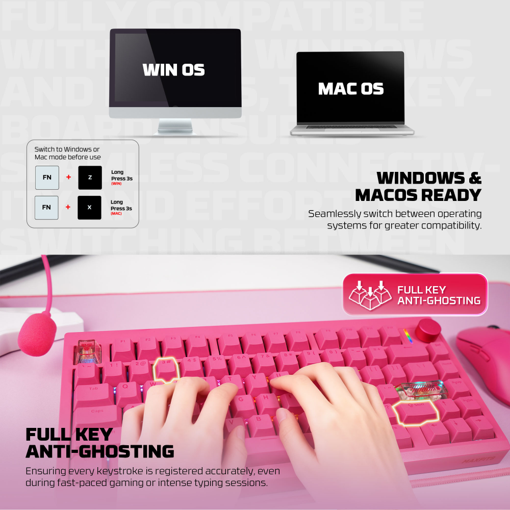 Tastatura Mehanicka Gaming Fantech MK921 Maxfit 8 Wireless pink (white switch)