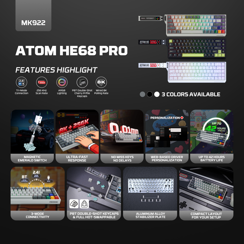 Tastatura Wired Magnetic Gaming Fantech MK922 Atom HE68 Pro Super Maxfit siva (emerald switch)