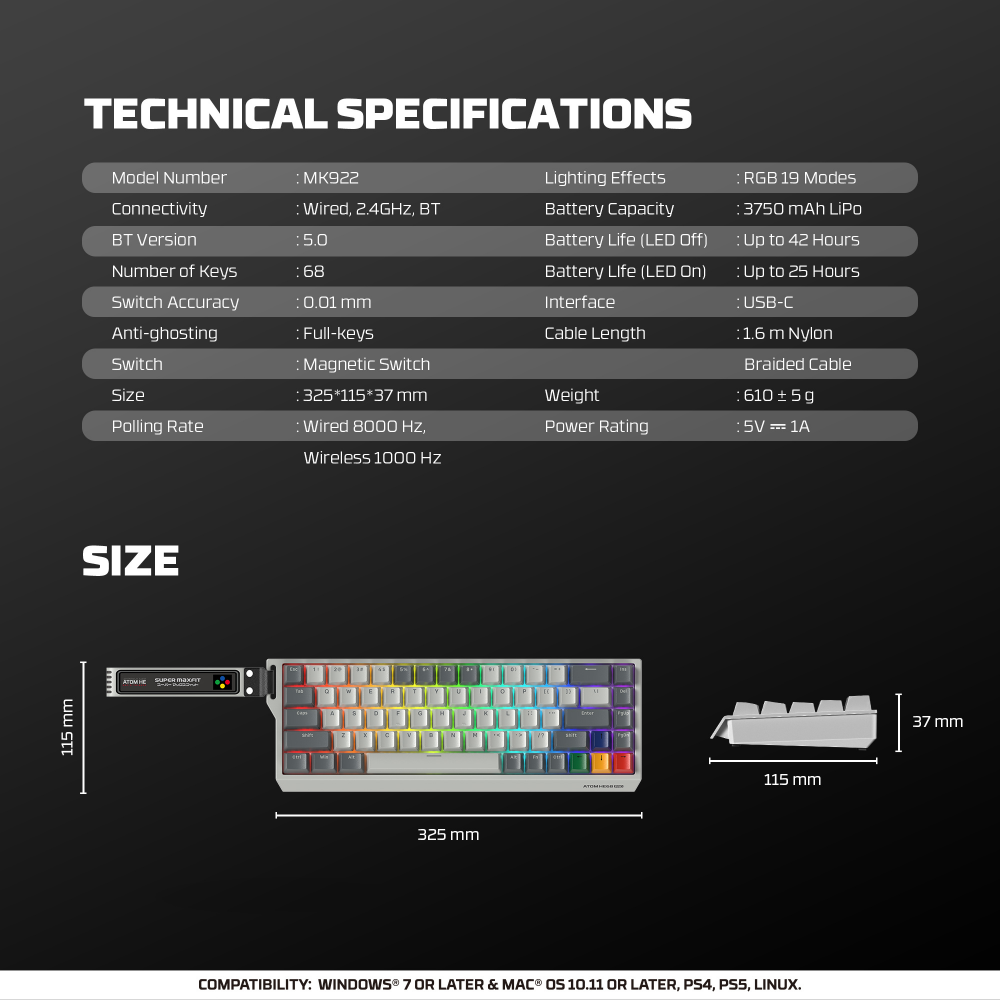 Tastatura Wired Magnetic Gaming Fantech MK922 Atom HE68 Pro Super Maxfit siva (emerald switch)