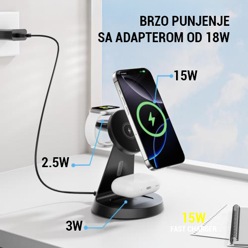 Desktop drzac za mobilni telefon magnetic ZJ02 3u1 (wireless punjac za mobilni telefon, slusalice i Apple smart watch)
