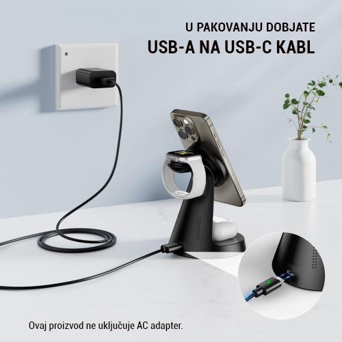 Desktop drzac za mobilni telefon magnetic ZJ02 3u1 (wireless punjac za mobilni telefon, slusalice i Apple smart watch)