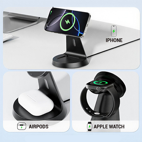 Desktop drzac za mobilni telefon magnetic ZJ02 3u1 (wireless punjac za mobilni telefon, slusalice i Apple smart watch)
