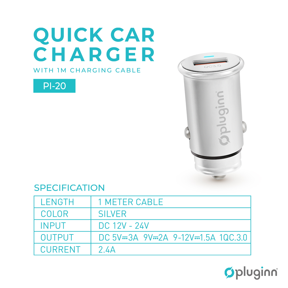 Auto punjac Pluginn PI-20 QC 3.0, 3A, 18W, sa Type C kablom srebrni