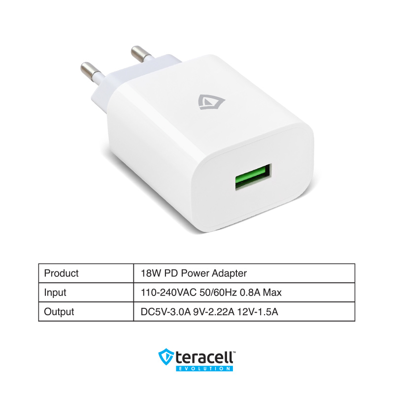Kucni punjac Teracell Evolution TC-09 QC3.0 18W sa micro USB kablom beli CE