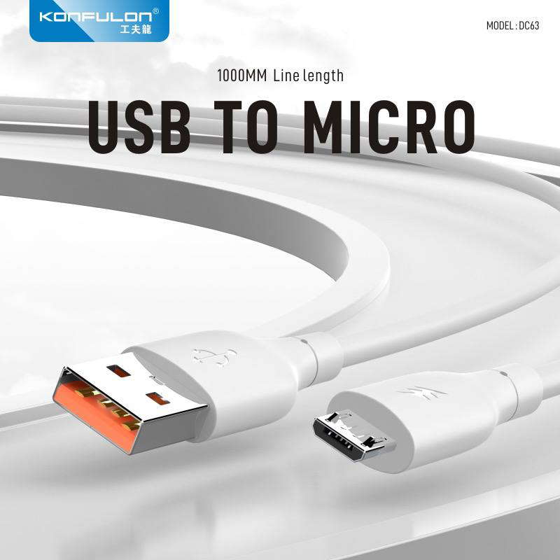 Data kabl KONFULON DC63, 3A, USB na micro USB beli 1m