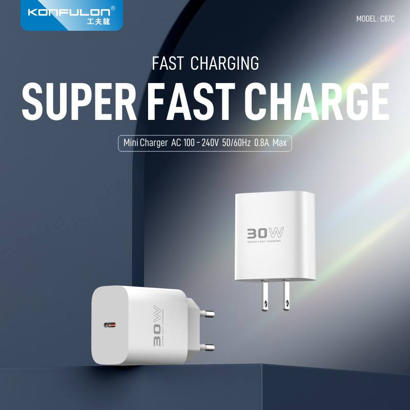 Kucni punjac KONFULON C87c + DL50, 30W, sa PD kablom Type C na iPhone lightning beli