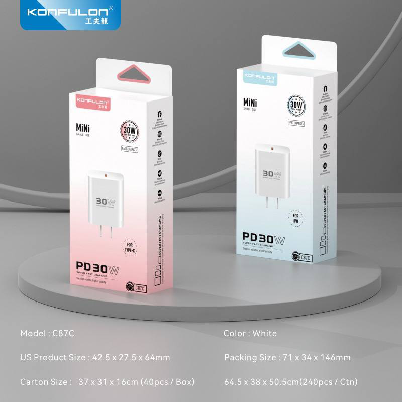 Kucni punjac KONFULON C87c + DL51, 30W, sa PD kablom Type C na Type C beli