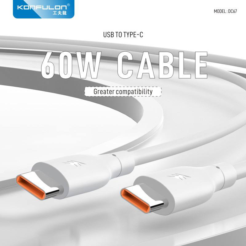 Data kabl KONFULON DC67, 60W, Type C na Type C beli 1m