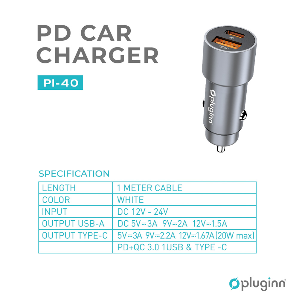 Auto punjac Pluginn PI-40, PD 20W, QC 3.0 18W, sa lightning kablom sivi