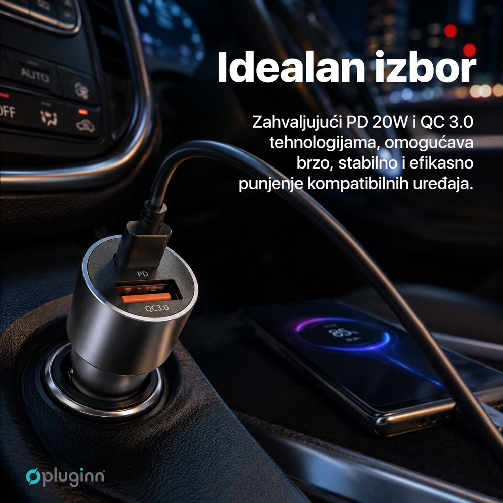Auto punjac Pluginn PI-40, PD 20W, QC 3.0 18W, sa PD Type C kablom sivi