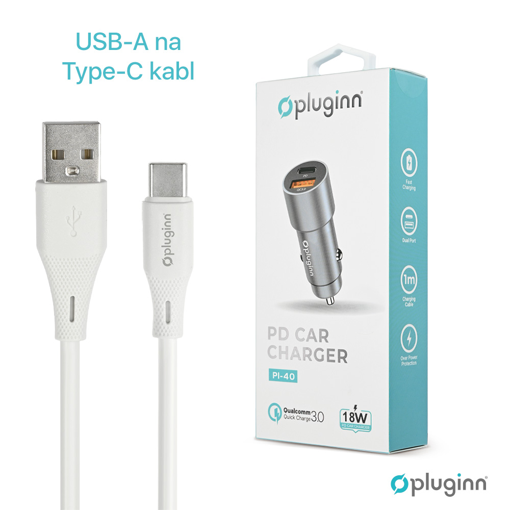 Auto punjac Pluginn PI-40, PD 20W, QC 3.0 18W, sa Type C kablom sivi