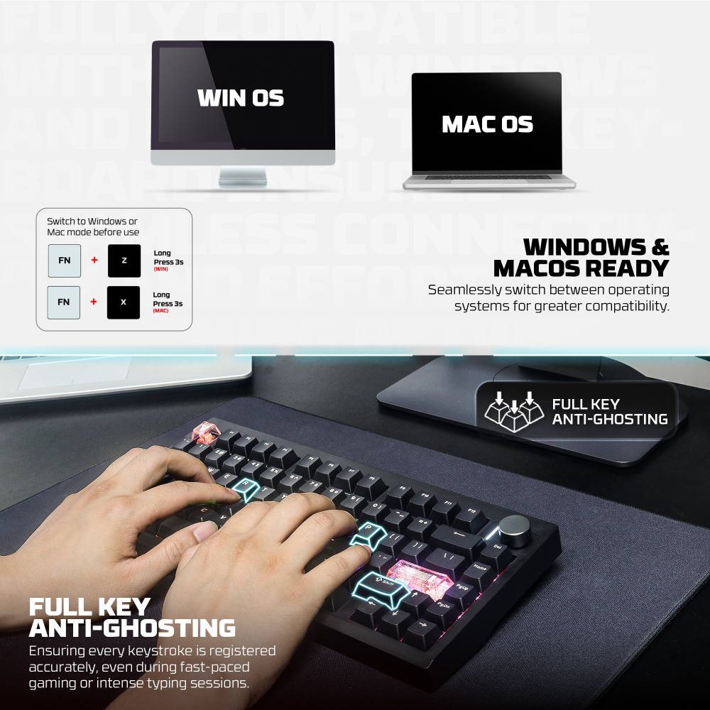 Tastatura Mehanicka Gaming Fantech MK921 Maxfit 8 Wireless black white switch