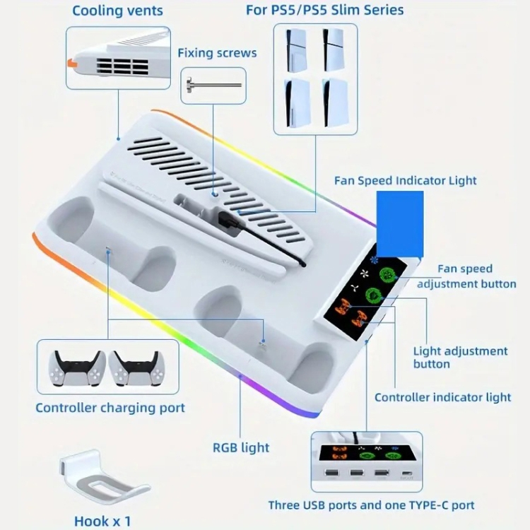 HA8008 EL RGB multifunkcionalni punjac i cooler za PS5 konzolu beli