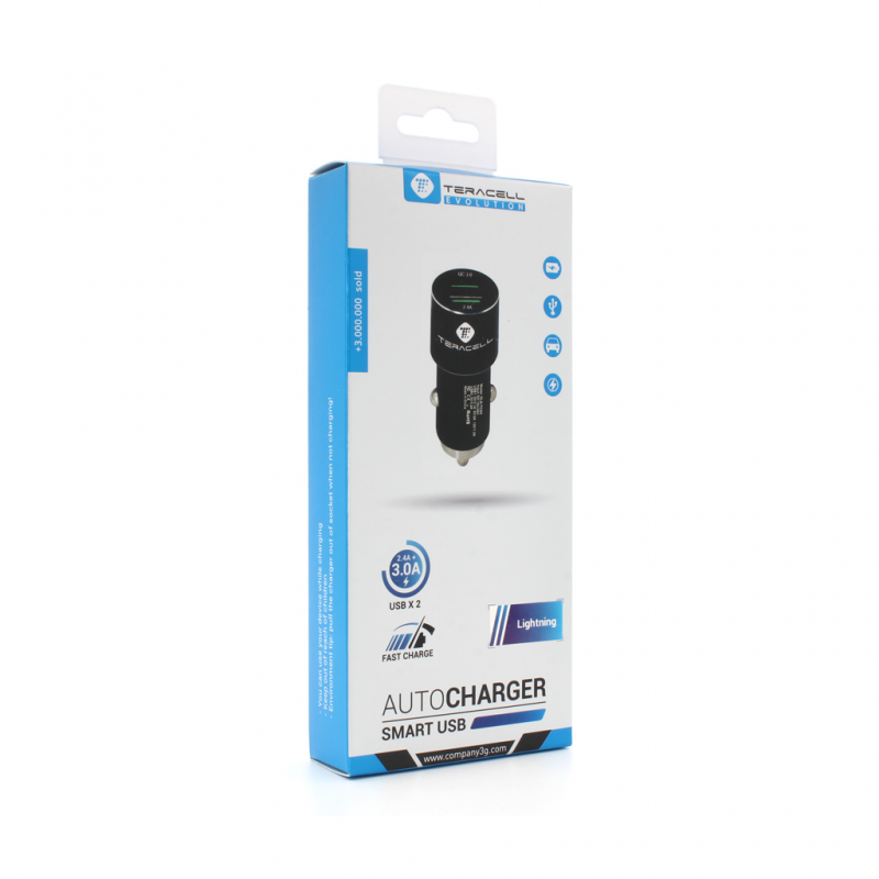 Auto punjac Teracell Evolution TC-05 2xUSB QC3.0 2.4A sa iPhone lightning kablom crni