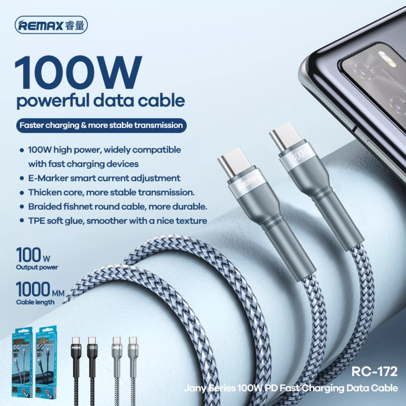 Data kabl REMAX Fast charging 100W PD RC-172 Type C na Type C crni 1m
