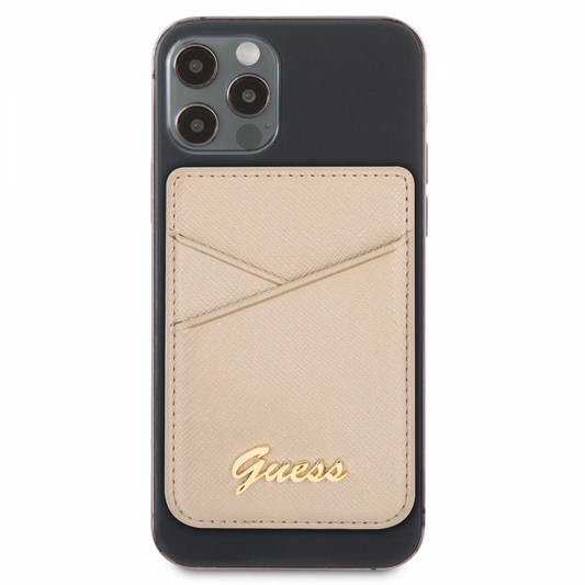 Torbica za kartice Guess Wallet Cardslot Sticker 3M Saffiano Script zlatna (GUCHSSAGO)