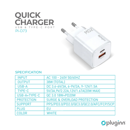 Kucni punjac Pluginn PI-D73, QC3.0 PD3.0, PPS, USB-PD 18W+20W, 38W (total) beli CE