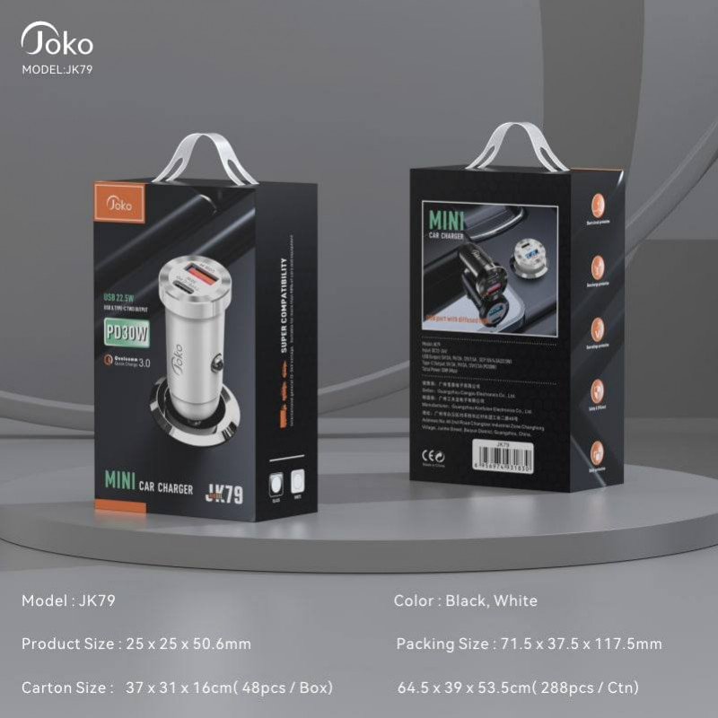 Auto punjac KONFULON JK79, 3A, QC3.0 22.5W, PD 30W crni