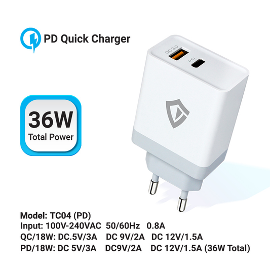 Kucni punjac Teracell Evolution TC-04, QC PD, USB-PD 18W+18W, 36W (total) sa lightning kablom beli CE