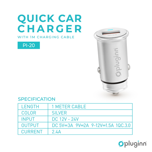Auto punjac Pluginn PI-20 QC 3.0, 3A, 18W, sa Type C kablom srebrni