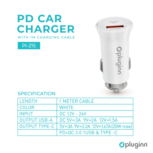 Auto punjac Pluginn PI-21S, PD 20W, QC 3.0 18W, sa lightning kablom beli