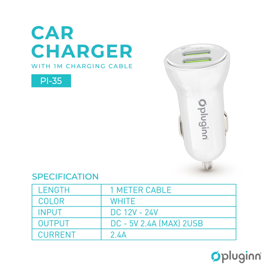 Auto punjac Pluginn PI-35 2xUSB, 2.4A beli