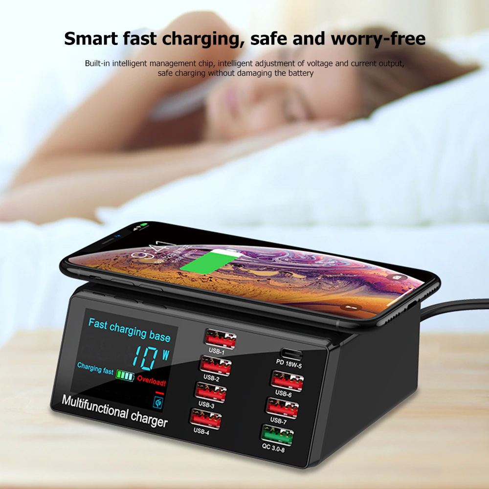 Multi USB punjac WLX-X9 sa LCD-om/8 USB portova+Wireless punjac crni