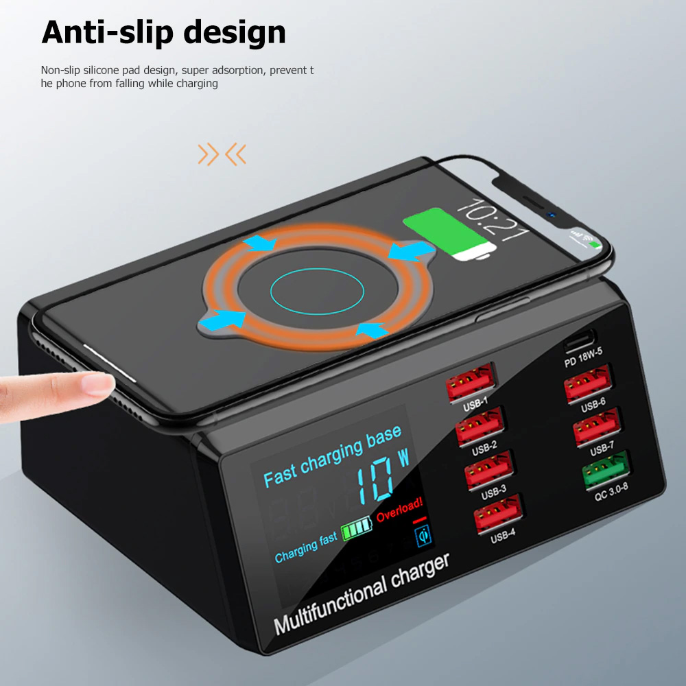 Multi USB punjac WLX-X9 sa LCD-om/8 USB portova+Wireless punjac crni