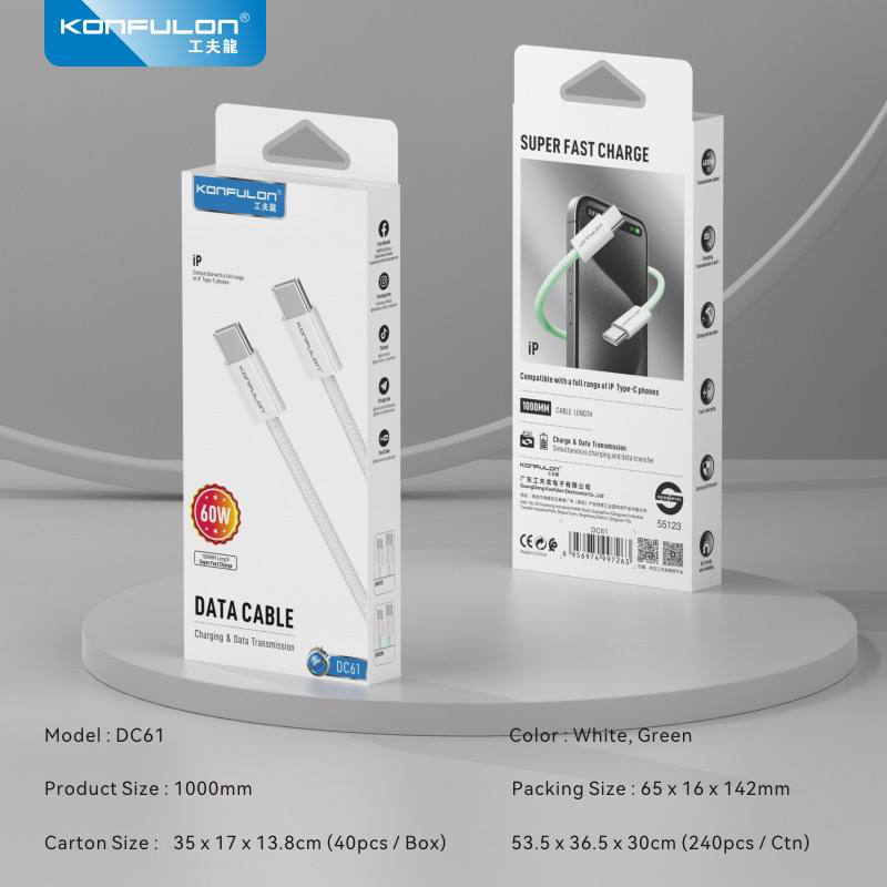 Data kabl KONFULON DC61 PD 60W Super Fast Charge za iPhone 15 Type C na Type C beli 1m
