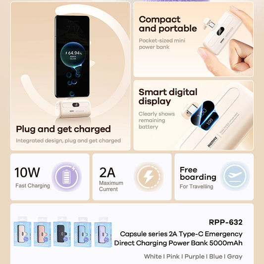 Power bank prenosiva baterija REMAX Capsule series RPP-632 2A Type C 5000mAh ljubicasta