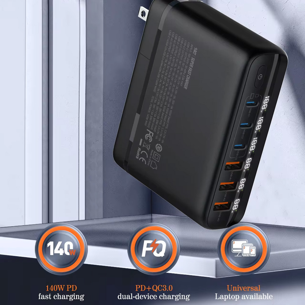 Kucni punjac sa adapterima LDNIO A6140C GaN PPS 3xQC3.0 (30W), 3xPD3.0 (100W), 140W Max, a Type C na Type C kablom crni