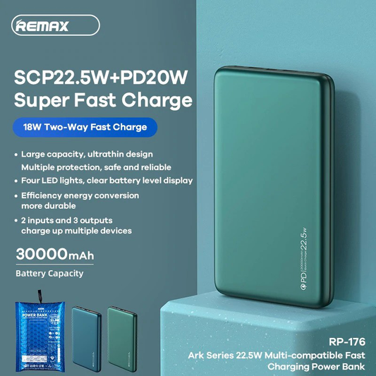 Power bank prenosiva baterija REMAX RPP-176 22.5W 30000mAh zelena