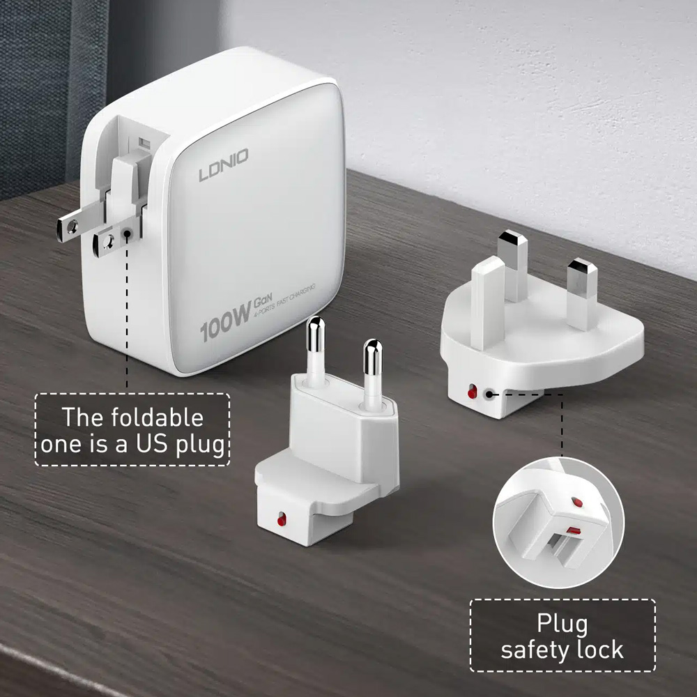 Kucni punjac sa adapterima LDNIO Q408 GaN PPS QC3.0 (30W), 3xPD3.0 (100W), 100W Max, sa Type C na Type C kablom beli