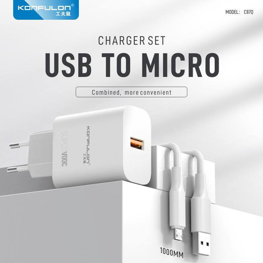 Kucni punjac KONFULON C87Q, sa micro USB kablom beli