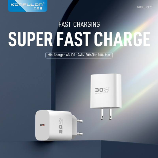 Kucni punjac KONFULON C87c + DL50, 30W, sa PD kablom Type C na iPhone lightning beli