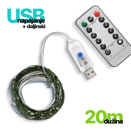 Novogodisnji ukras LED 300 lampica u boji (20m) sa daljinskim upravljacem USB napajanje JWD