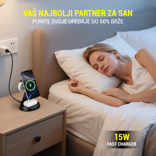 Desktop drzac za mobilni telefon magnetic ZJ02 3u1 (wireless punjac za mobilni telefon, slusalice i Apple smart watch)