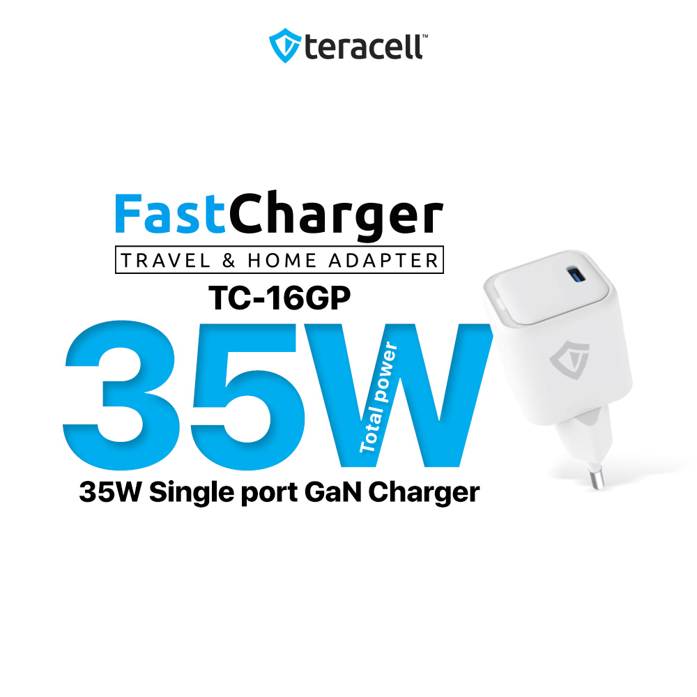 Kucni punjac Teracell Evolution TC-16GP, GaN, PD 3.0, 35W sa PD iPhone lightning kablom beli CE