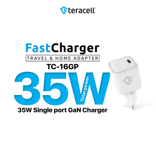 Kucni punjac Teracell Evolution TC-16GP, GaN, PD 3.0, 35W sa PD iPhone lightning kablom beli CE