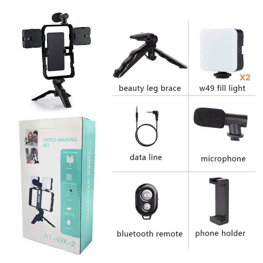 Mini tripod AY-49X-2 sa LED svetlima i mikrofonom crni