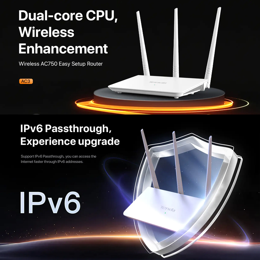 Wireless Router Tenda AC3 AC750Mbps/ext3x5dBi/2,4-5GHz/4xLAN/WAN