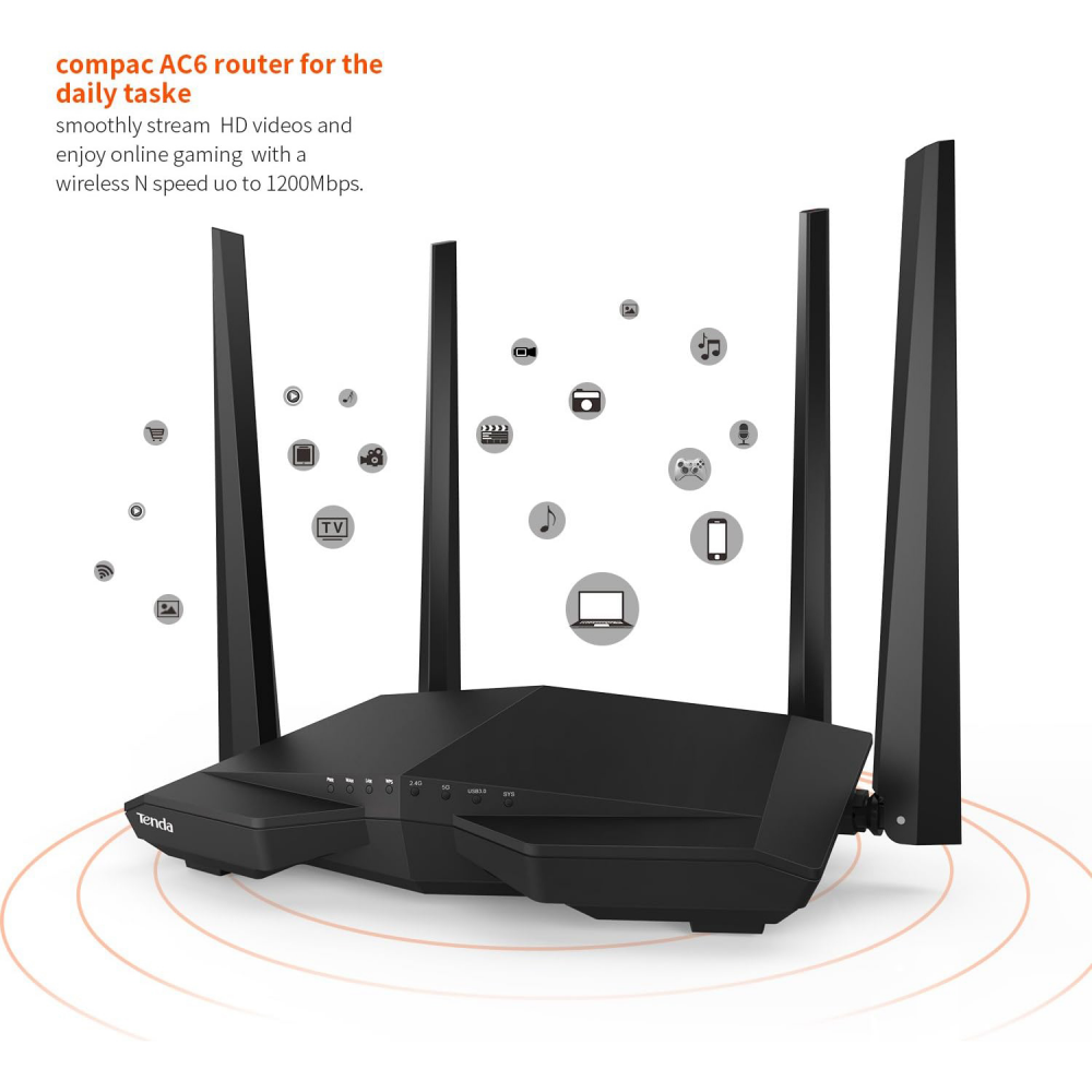 Wireless Router Tenda AC6 V5 DualBand 300-867Mbps/ext4x5dBi/1WAN/3LAN/Repeater