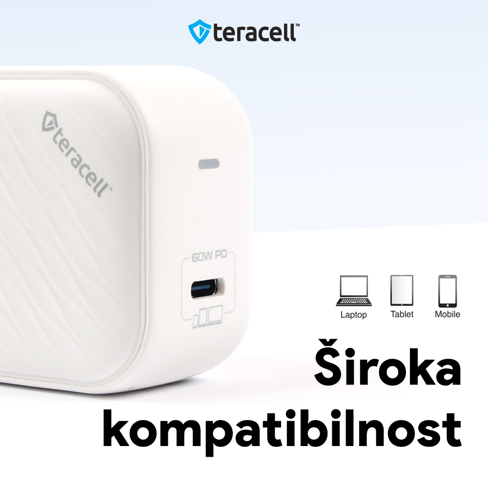 Kucni punjac Teracell Evolution TC-17GP, GaN, PPS, PD 3.0, 60W sa PD Type c kablom beli CE
