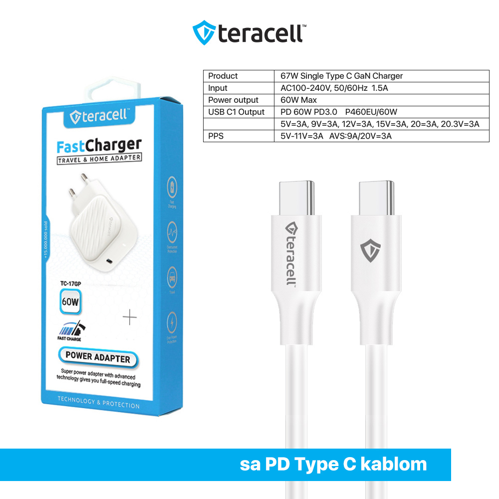 Kucni punjac Teracell Evolution TC-17GP, GaN, PPS, PD 3.0, 60W sa PD Type c kablom beli CE