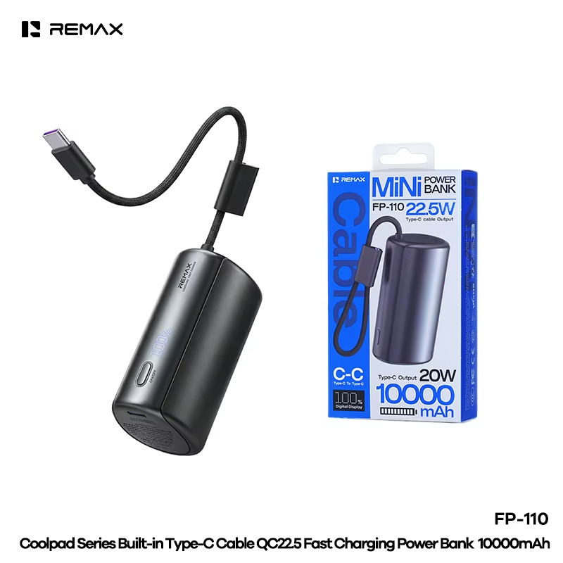 Power bank prenosiva baterija REMAX Coolpad Series FP-110 sa integrisanim Type C kablom 10000mAh crna