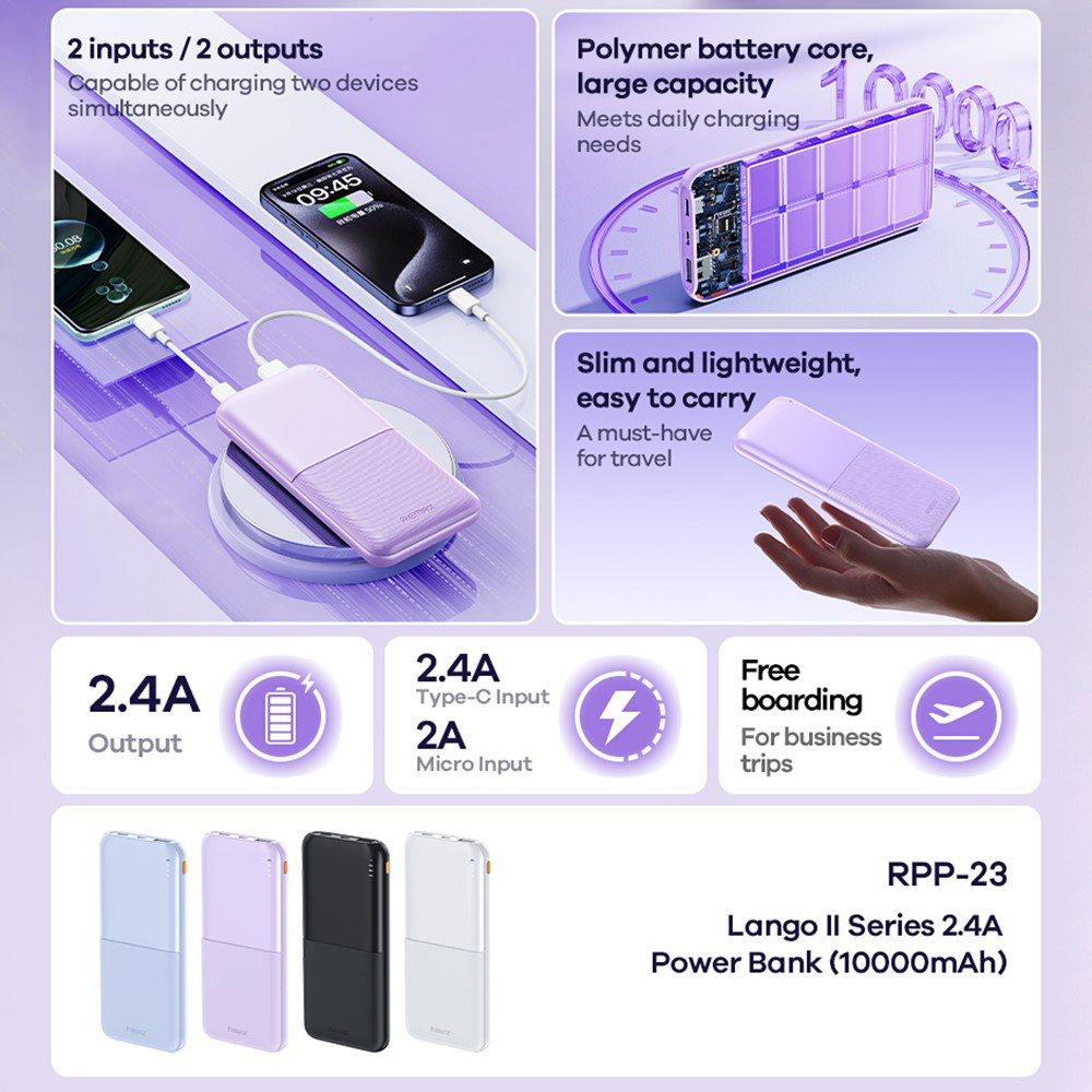 Power bank prenosiva baterija REMAX Lango II Series RPP-23 2.4A 10000mAh ljubicasti