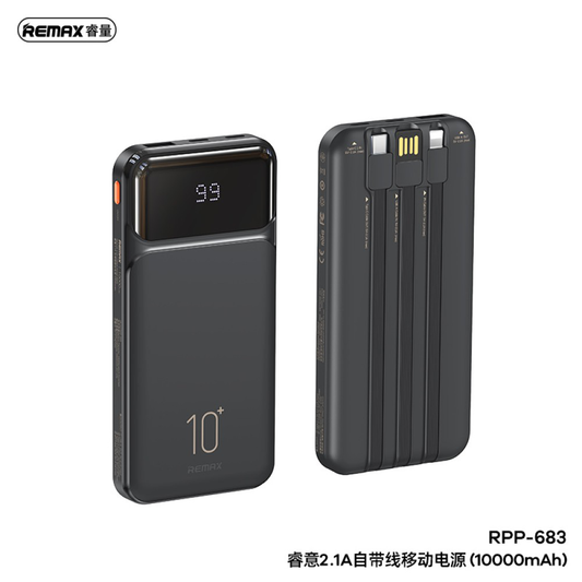 Power bank prenosiva baterija REMAX Reyluck Series RPP-683 2.1A sa integrisanim kablovima 10000mAh crna