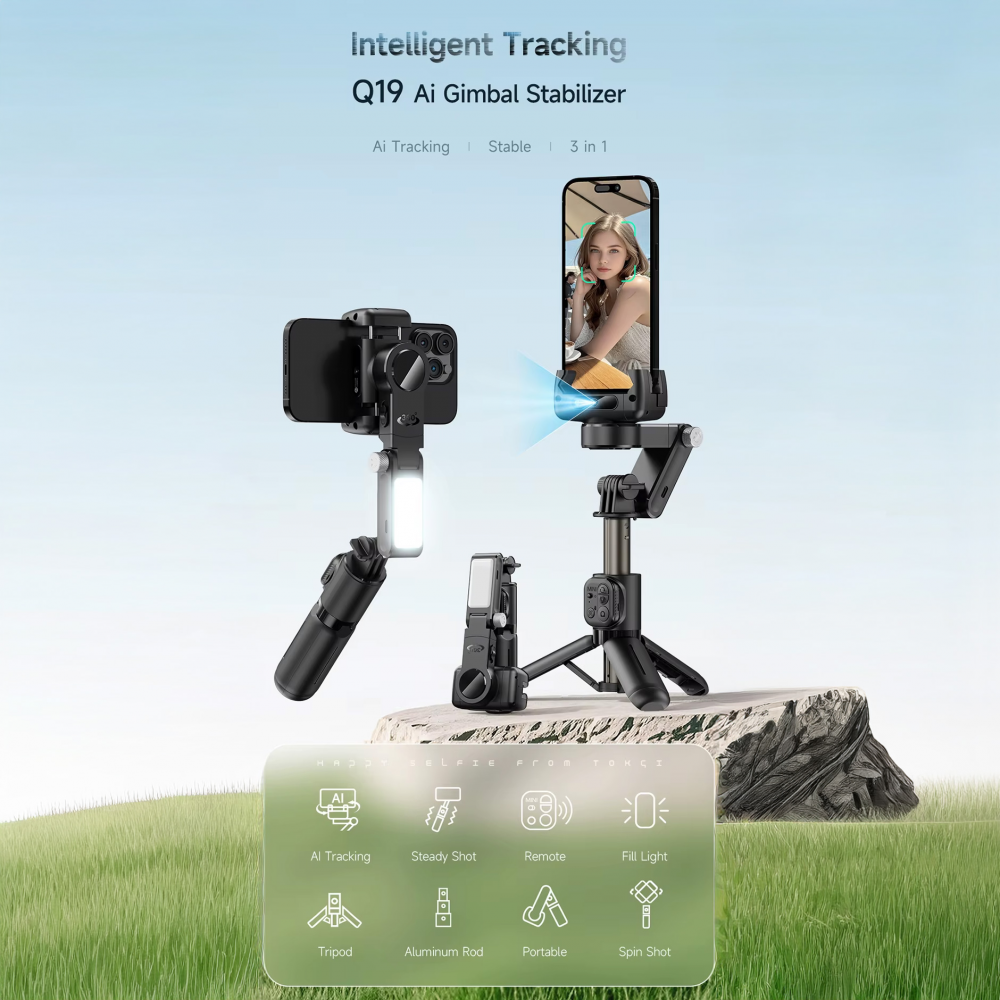 Tripod stabilizator Q19 smart AI sa selfie stickom i LED svetlom crni