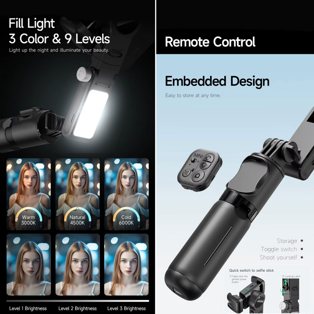Tripod stabilizator Q19 smart AI sa selfie stickom i LED svetlom crni